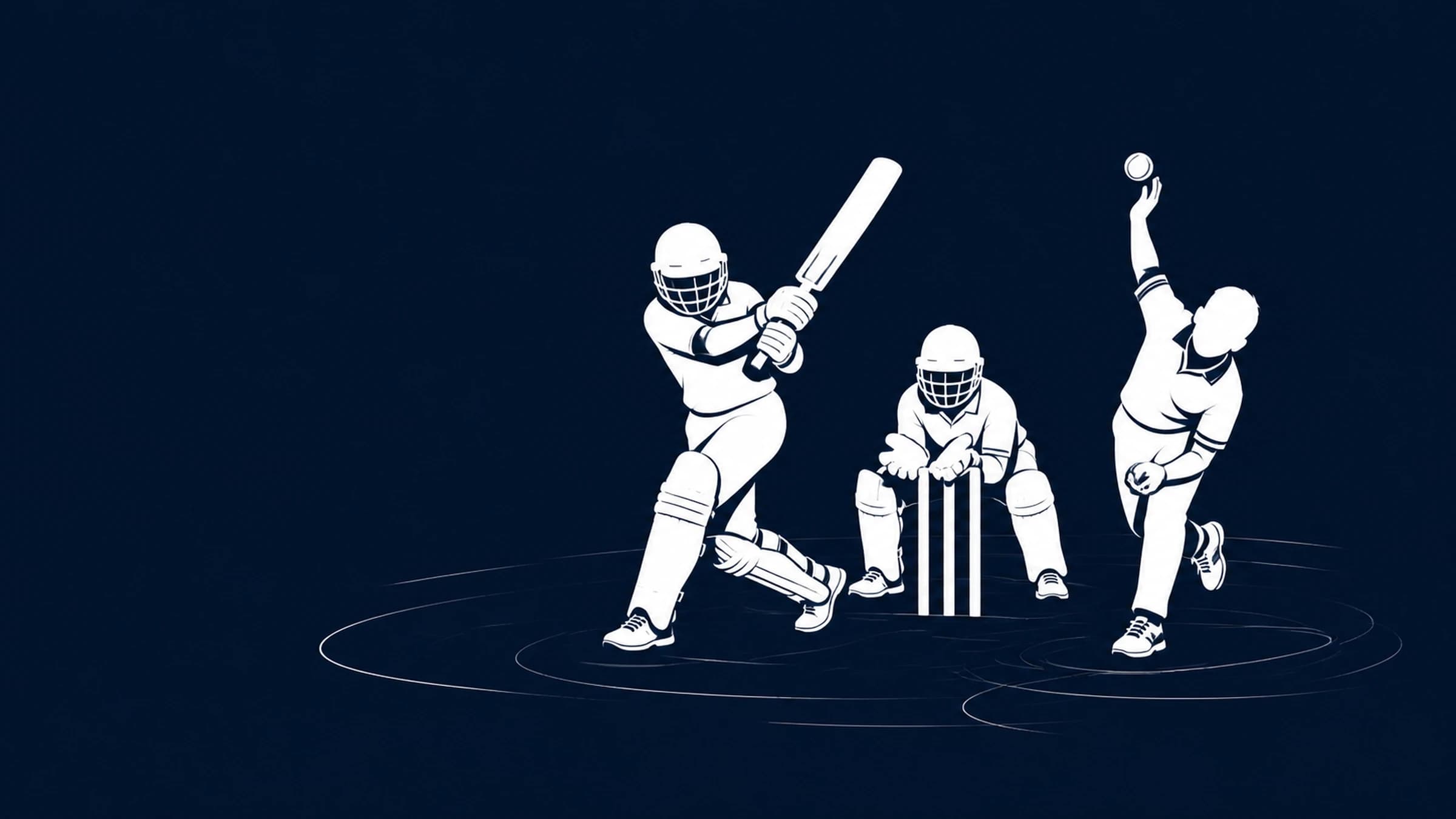 Cricket players batting, keeping wicket, and bowling