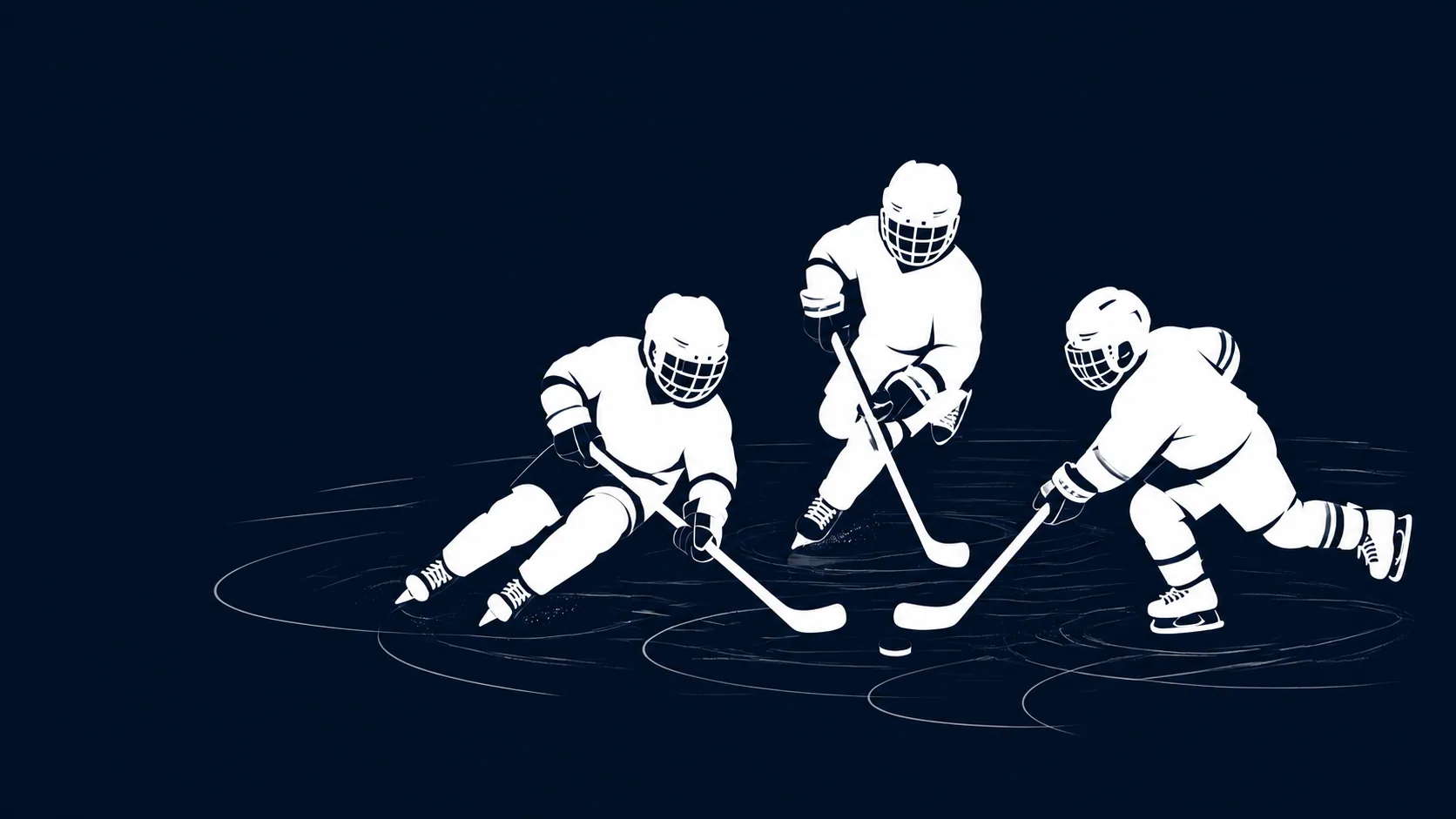 Illustrated hockey players competing for the puck on the ice