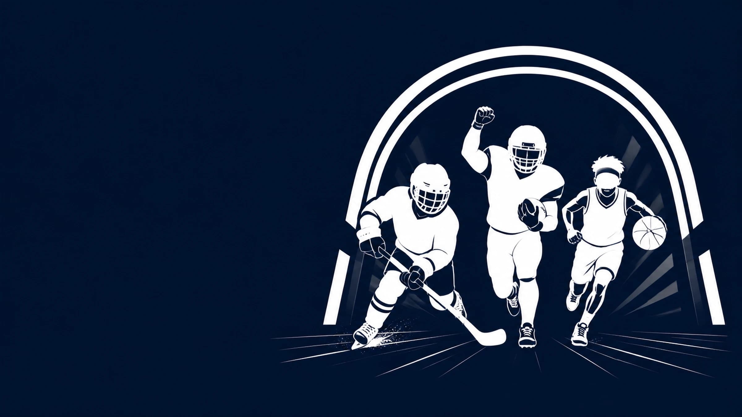 Athletes from different sports entering through a tournament spotlight