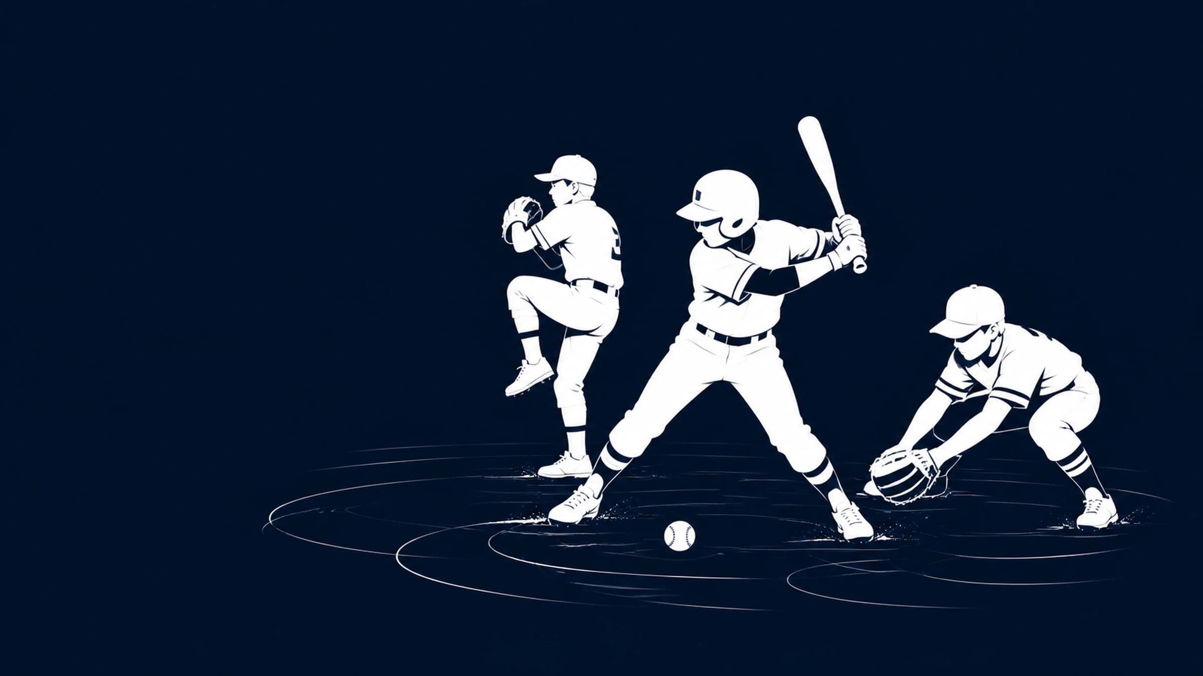 Baseball and softball players pitching, batting, and fielding