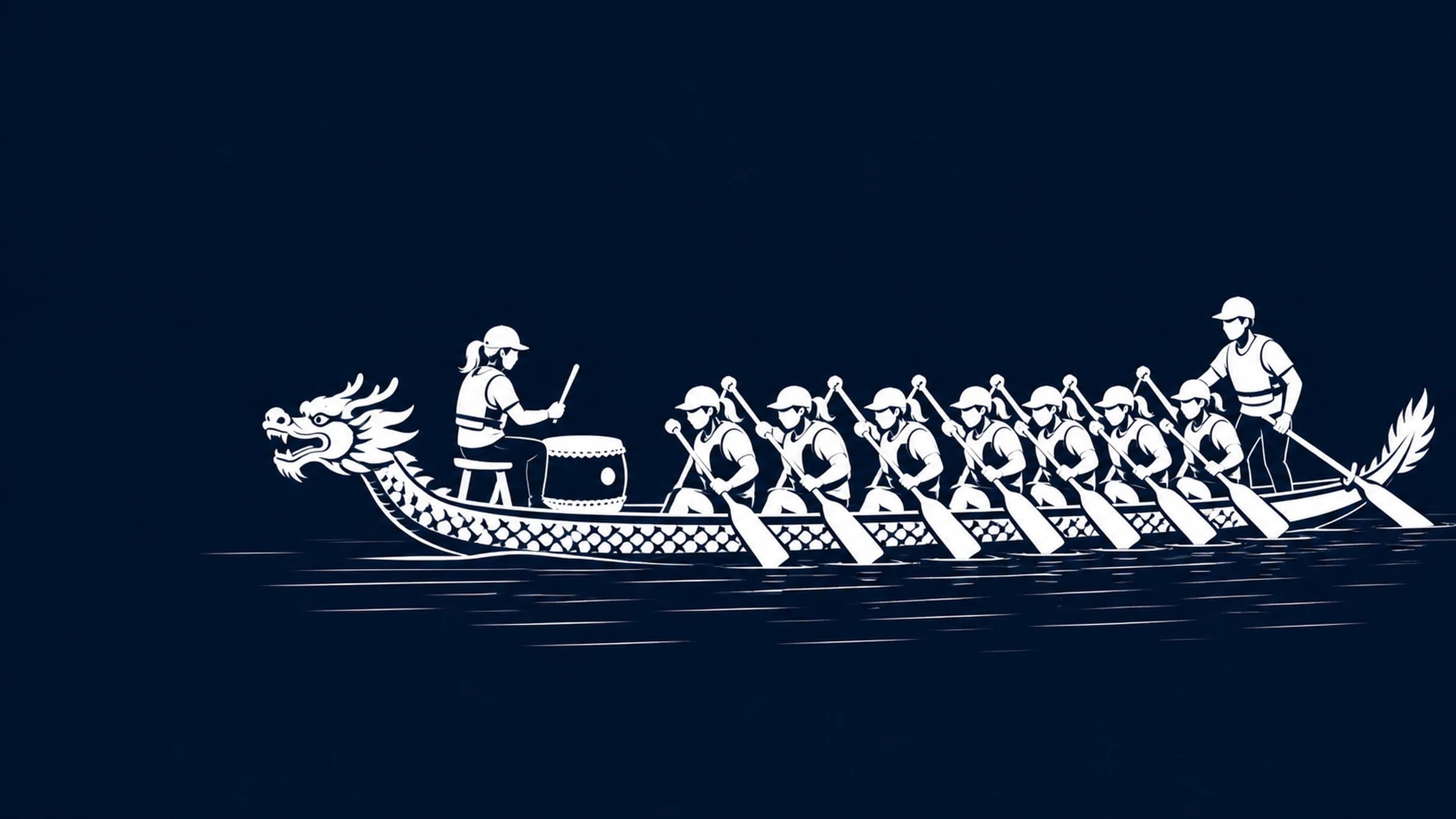 Dragon boat crew paddling together across the water