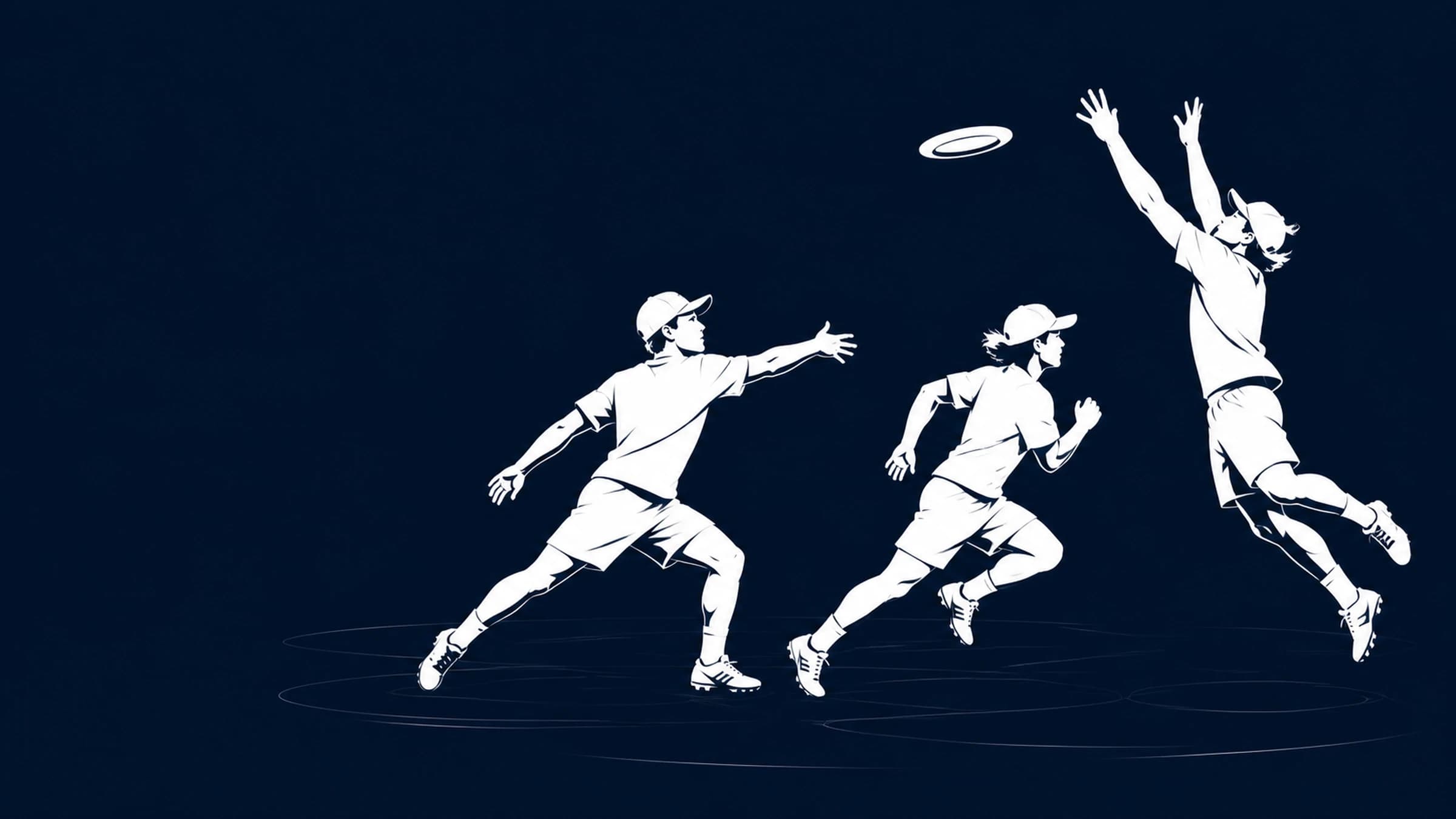 Ultimate frisbee players running and leaping for the disc